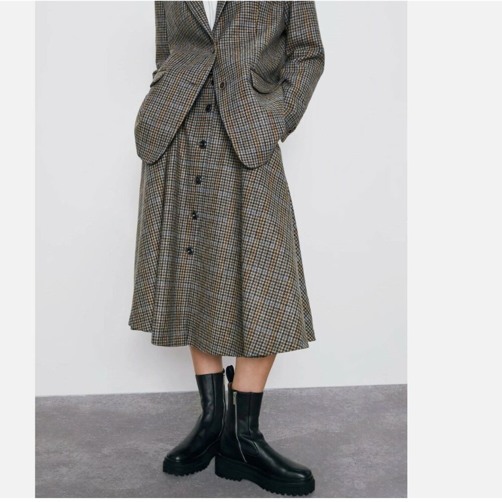 ZARA Houndstooth 100% Wool Button Up Midi Skirt Small Brown Tan Camel